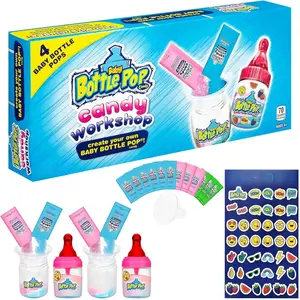 Baby Bottle Pop Candy Making Kit Workshop for Kids - 4 Lollipops with Assorted Fruity Flavors, DIY Party Favors, Lollipop Making Kit with Candy Powder & Stickers