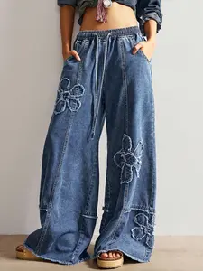Women's Casual Floral Washed Vintage Fringe Design Adjustable Elastic Waist Wide Leg Jeans, Drawstring Waist Pants,Comfortable Loose Fit Denim Jeans for Everyday Wear