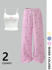 Women's Casual Tank Top and Long Pants Pajama Set Pjs, Comfortable Daily Homewear, Fashion Nightwear, Loose-Fitting Print Loungewear Suit