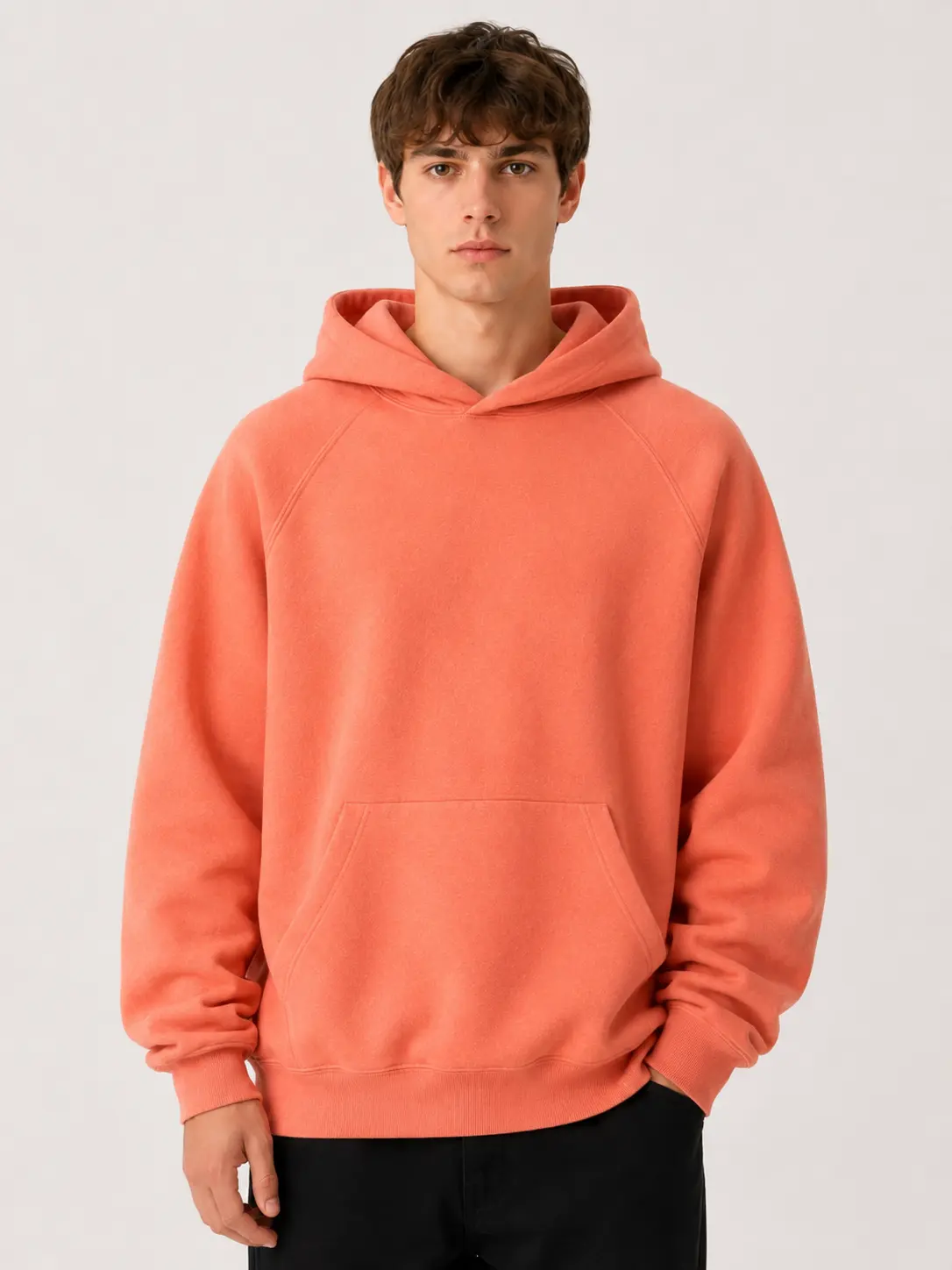 Men's Coral Longsleeves Hoodie, Loose Fit Kangaroo Pocket Casual Hoodie Pullovers for Daily Streetwear