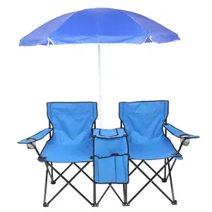 Double Folding Picnic Chairs w/Umbrella Mini Table Beverage Holder Carrying Bag for Beach Patio Pool Park Outdoor Portable Camping Chair,Blue ball game