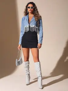 Fringe Trim Crop Denim Jacket Sequin Party Fashion High-End Denim Short Blazer