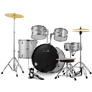 Adult Drum Set, 5-Piece, 22-Inch Complete Full-Size Drum Kit With Bass Toms, Snare, Floor Tom, Adjustable Throne, Stands, Cymbals, Hi-Hat, Pedal, And Drumsticks, Beginner Drum Kit For Adults, Silver