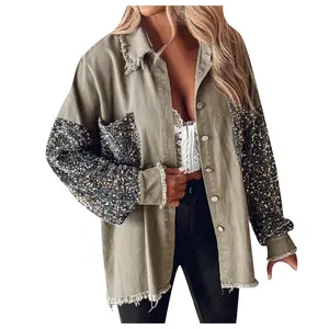 Fashion Women Sequined Jackets Oversized Dropped Shoulder Raw Edge Hem Shacket American Retro High Street Hip Hop Y2k Coats