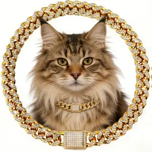 Diamond Cuban Link Cat Collar  Metal Pet Cat Chain Crystal Jewelry Necklace for Cats