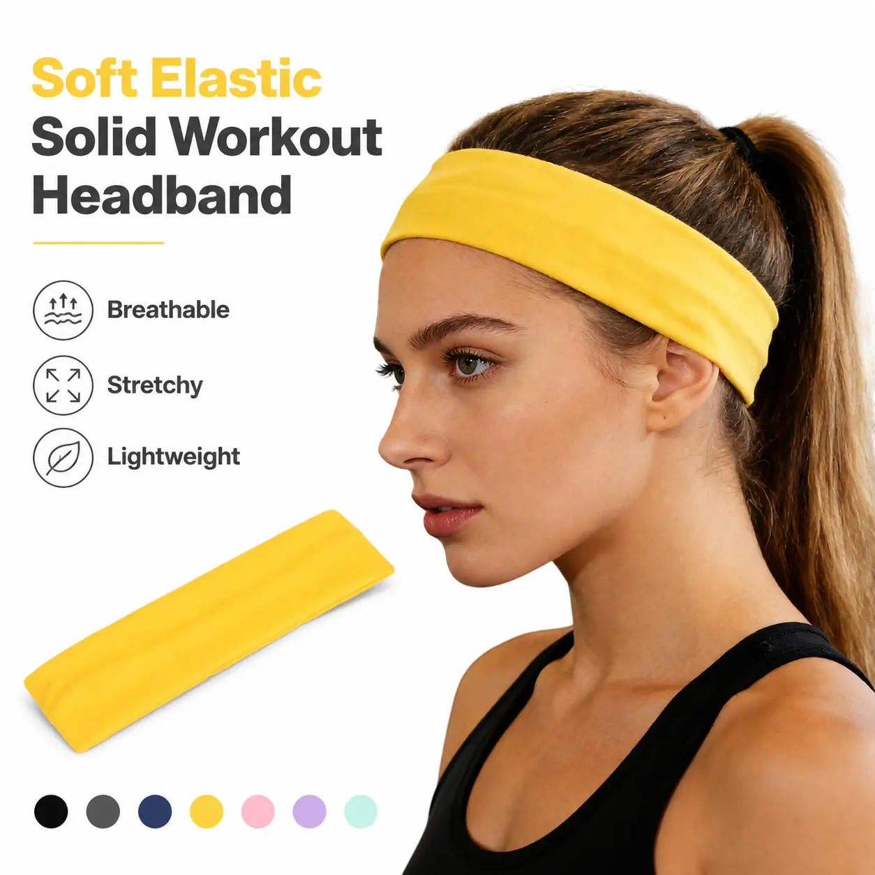 Solid Yellow Cotton Blend Sports Headband - Soft Sweat Wick, Non Slip, 20*5cm (Stretches Up to 45cm) - Unisex Wild Fashion Hair Accessory for Yoga, Workout, Daily Use