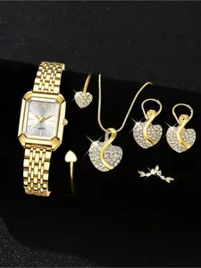 6pcs Women's Watch Set, Elegant Quartz Watch With Alloy Steel Band, Roman Numerals And Alloy Jewelry Set, Heart-Shaped Diamond Design, Suitable For Evening Wear, Gift For Girlfriend, Glamour Set, Trendy Watch Set