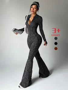 Women's Seamless Leopard Print Yoga Suit, High Waist Butt Lifter, Long Sleeve Zipper, Slim Fit Workout, Running Sportswear, Active Wear, Activewear Clothing