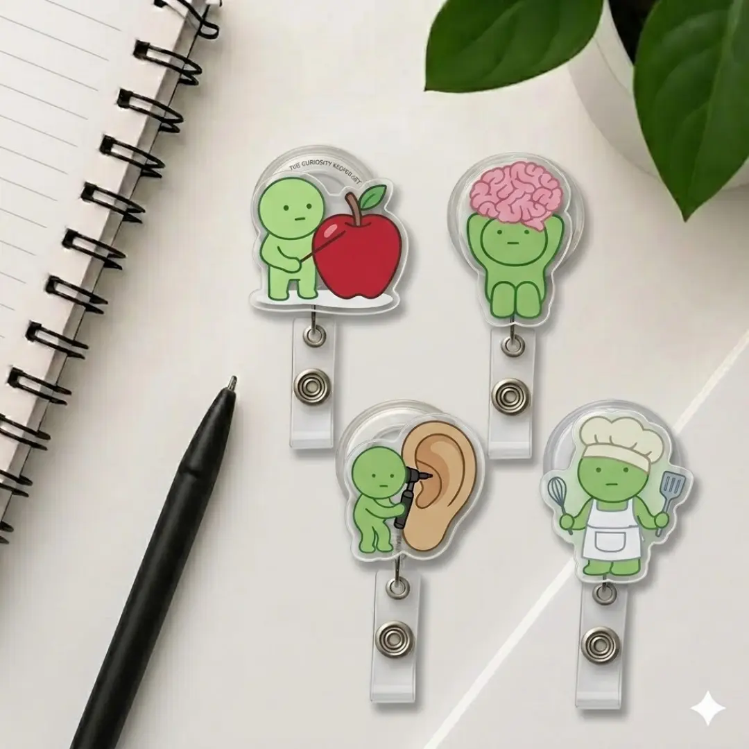 Funny Smiskii Inspired Brain Apple Ear Cook Sparkly Retractable Badge Reel Cute Anatomy Acrylic ID Holder For Teacher ENT Doctor Nurse Gift