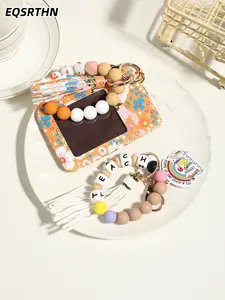 Teacher Appreciation Gift Set Beaded Keychain with ID Card Holder and Tassel Floral Pattern Teacher Lanyard Bracelet 2PCS Aesthetic School Office Accessories for Women Educators