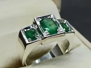 Natural Rare 4 Carats Eye Clean Rich Green Zambian Emeralds Sterling Silver 925 Handmade Men's Three Stone Ring