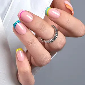 CurvLife Colorful French Tip Press-On Nails | 30Pcs | Short Square | Soft Gel Look, Reusable & Chip-Resistant, Easy to Apply, Natural Fit, No UV Lamp Needed | Summervibes | Spring Summer Rainbow Nail Design for Women, Beginners, Gifts