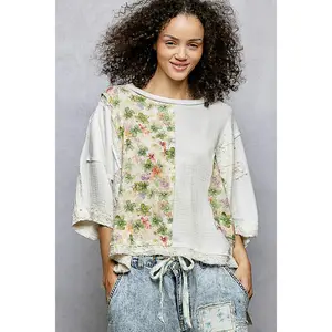 POL Off White Floral Patchwork Top