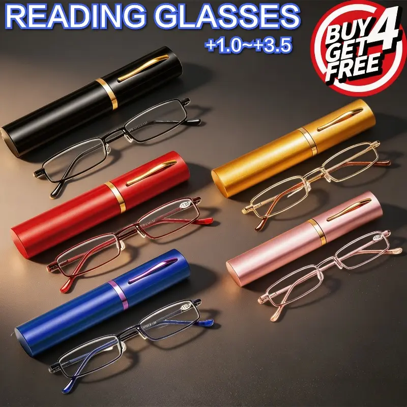 Pocket Reading Glasses 5-Pack, Unisex Foldable Full Rim Rectangular Metal Frames, Anti-Blue Light Lenses with Aluminum Pen Cases, +1.0 to +3.5