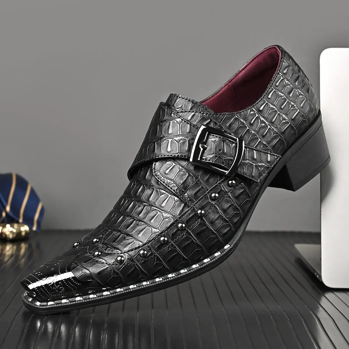 Men's Dress Shoes - Classic British-Style Embossed Leather Monk Strap with Pointed Toe for Work & Weddings, an Elegant Wardrobe Staple