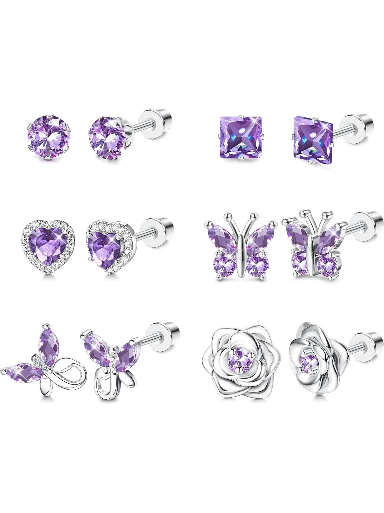 6 Pairs Purple Blue Shining Butterfly Flower Ear Studs, Stud Earring Sets, for Women Men Valentines Day Gifts Hypoallergenic Screw Back Earrings Surgical Stainless Steel Stud Earrings for Sensitive Ears Jewelry Set