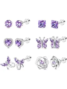 6 Pairs Purple Blue Shining Butterfly Flower Ear Studs for Women Men Valentines Day Gifts Hypoallergenic Screw Back Earrings Surgical Stainless Steel Stud Earrings for Sensitive Ears Jewelry Set Fashionable Earrings