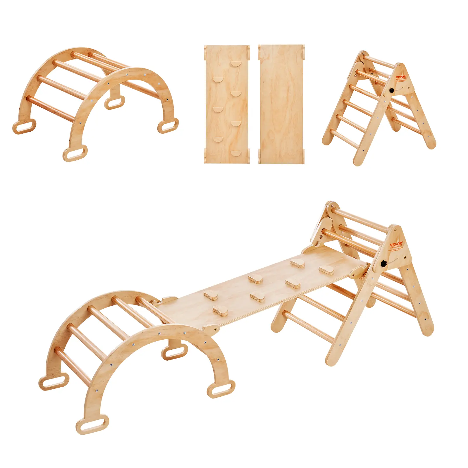 VEVOR Pikler Triangle Set,  5 in 1 Toddler Climbing Toys Indoor Playground, Ramp, and Arch, Montessori Climbing Set with Triangle, Medium Size Wooden Climbing Gym for Toddlers 1-3 Years, Wood Color