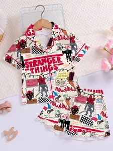 Fire Retardant Fabric Sleepwear Set, Pajama Set, Cute Cartoon Print, Short Sleeve Open Front Top & Loose Elastic Shorts, All Seasons