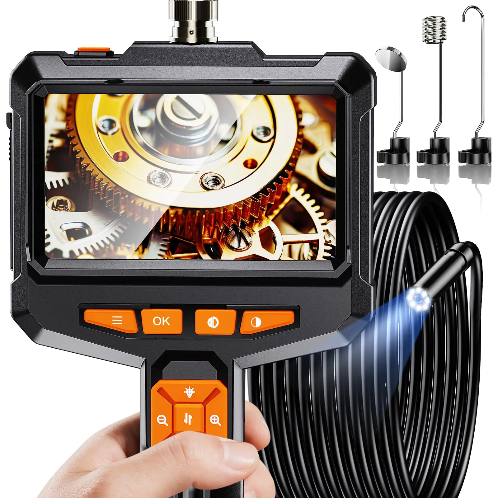 Aikokkl 4.3 inches Endoscope Camera with Light, 1080P HD Resolution Handheld Borescope, 8 Adjustable LED Lights, 170° Wide-Angle View, 3-4 Hours Runtime, IP67 Waterproof, 16.4FT Semi-Rigid Cord for Automotive, Pipe Inspection, 4.3-Inch Ips Screen