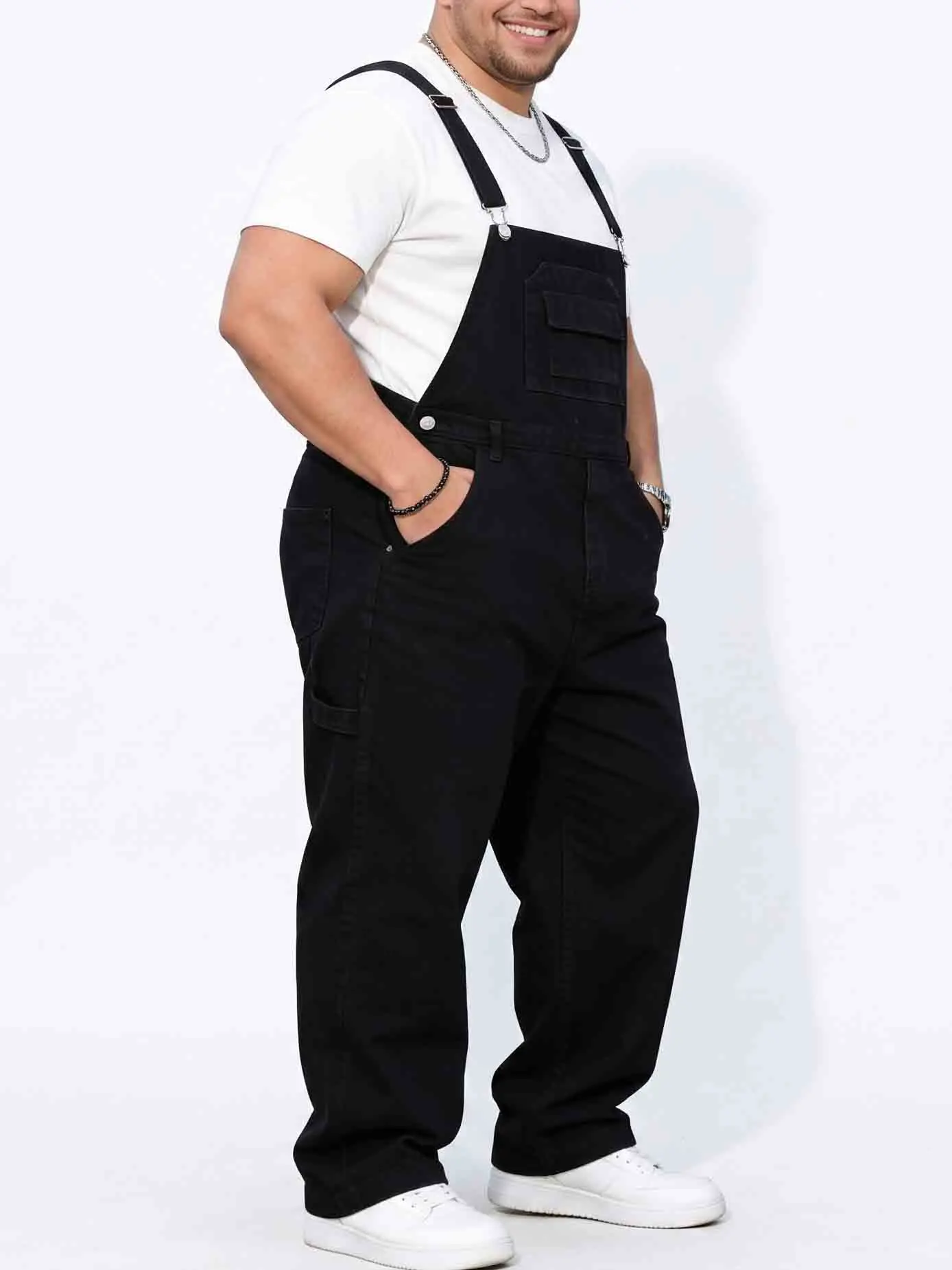 Men's Plus Size Black Cargo Overalls Adjustable Strap Loose Fit Multi Pocket Denim Work Bib Overalls For Big Guys