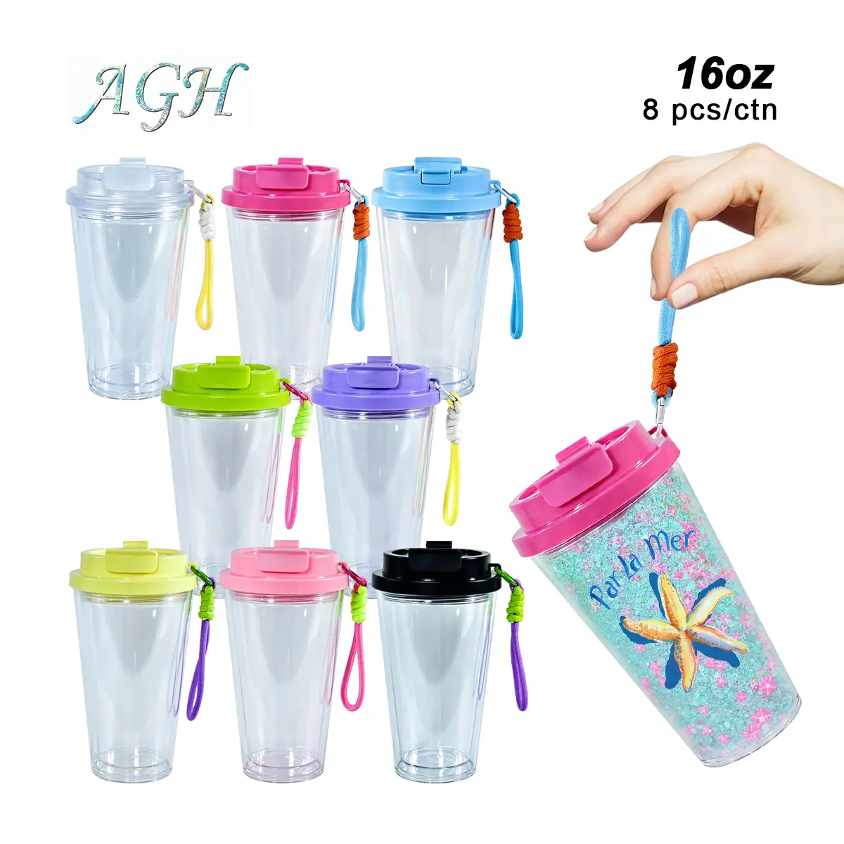 Agh US New Collection 8pcs 16 oz 2-in-1 Double Walled Snow Globe with Mixed Color Dual Lids and Straps, with Pre Drilled Hole And Plugs