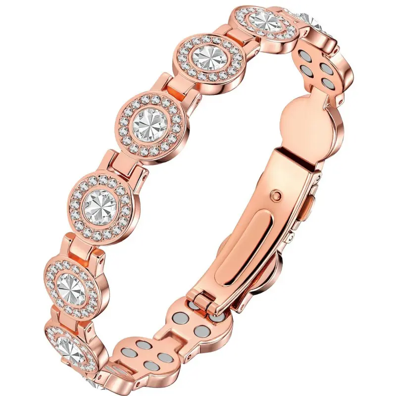 Women's Pure Copper Metal Bracelet with Love Heart Links and Cubic Zirconia, Magnetic Adjustable Bangles, Fashionable Bracelets Accessories, Fashionable Bracelet Style