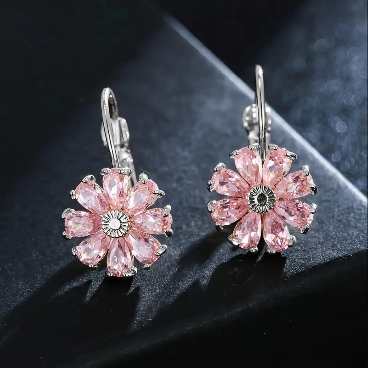 Women's Sparkly Flower Cubic Zirconia Drop Earrings - Pink-Gold, Green-Silver, Blue-Silver Tones, Tarnish-Resistant Dangle Costume Jewelry, Ideal Gift for Party, Anniversary