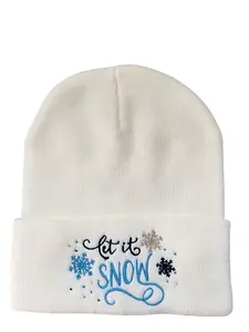 SNOW Unisex Christmas Beanie with Festive "Let It Snow" Lettering, Warm Acrylic Knit, Comfortable Stretchy Fit for Holiday Parties, Stretch