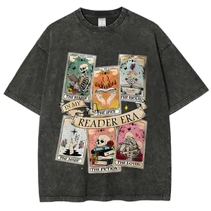 Tarot card printed washed T-shirt, unisex Round Neck Streetwear Tshirt