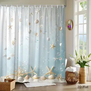 2D Flat, 1pc Nautical-Themed Shower Curtain Featuring Seashells, Starfish, And Sand Dollars on a Soft Blue Backdrop, Adorned with Elegant Glass And Pearl Strands, Creating an Oceanic Atmosphere