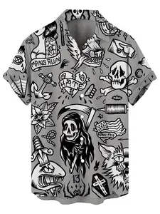 Skull Pattern Men's Hawaiian Style Tropical Short Sleeve Shirt, Trendy Casual Graphic Print Top, Summer Vacation Wear