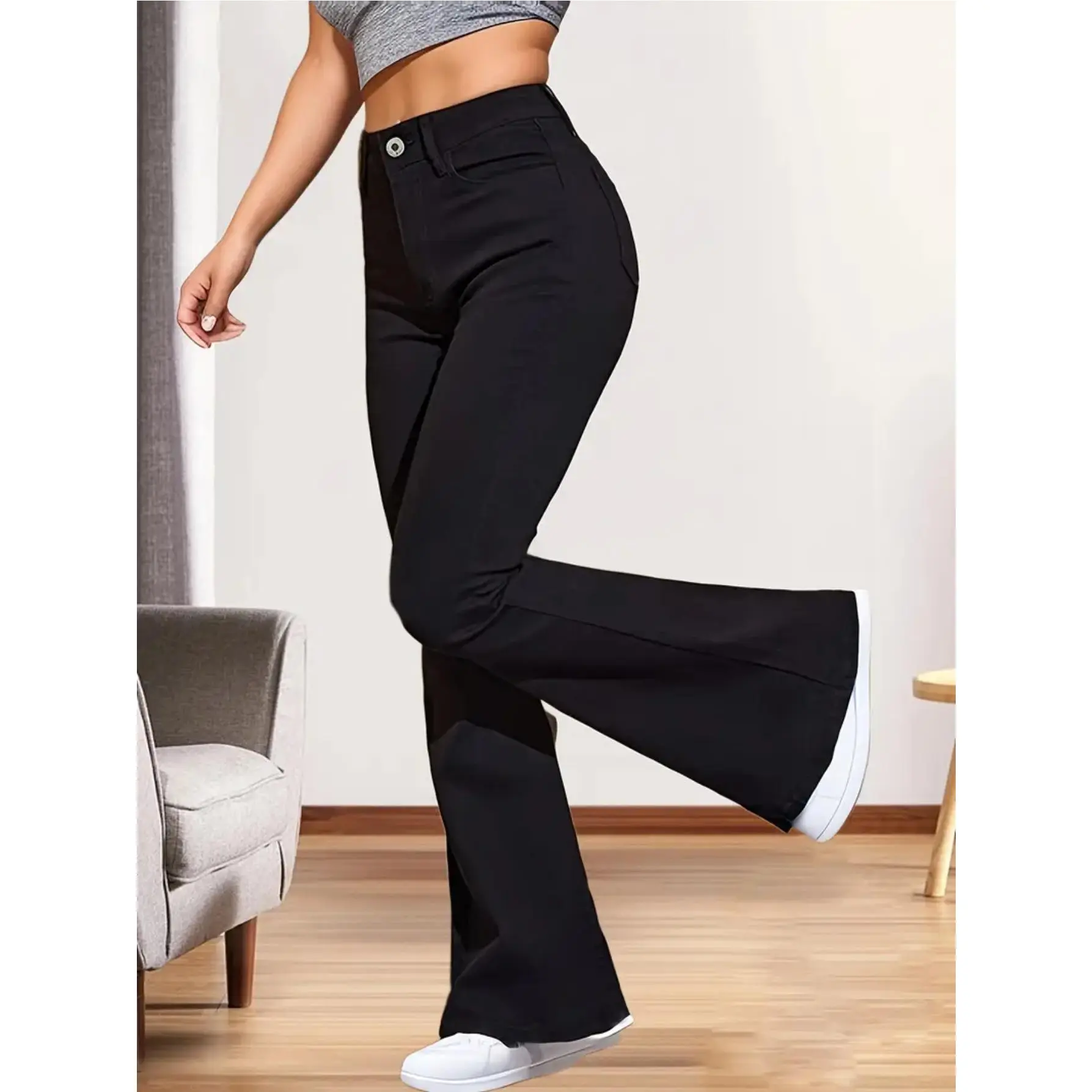 Women's Vintage Flare Jeans, High Waisted Oversized Baggy Streetwear Pants in High Stretch Cotton Blend, Cropped Ankle Cut, Viscose, All Seasons, Plain, Loose-Fit, Elastane