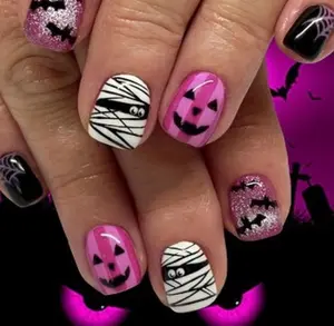 New Halloween Press-On Nails with Bat Design Pink French Tips Glitter Ghost Face & Spider Web Patterns Gelnailstickerset Sheet
