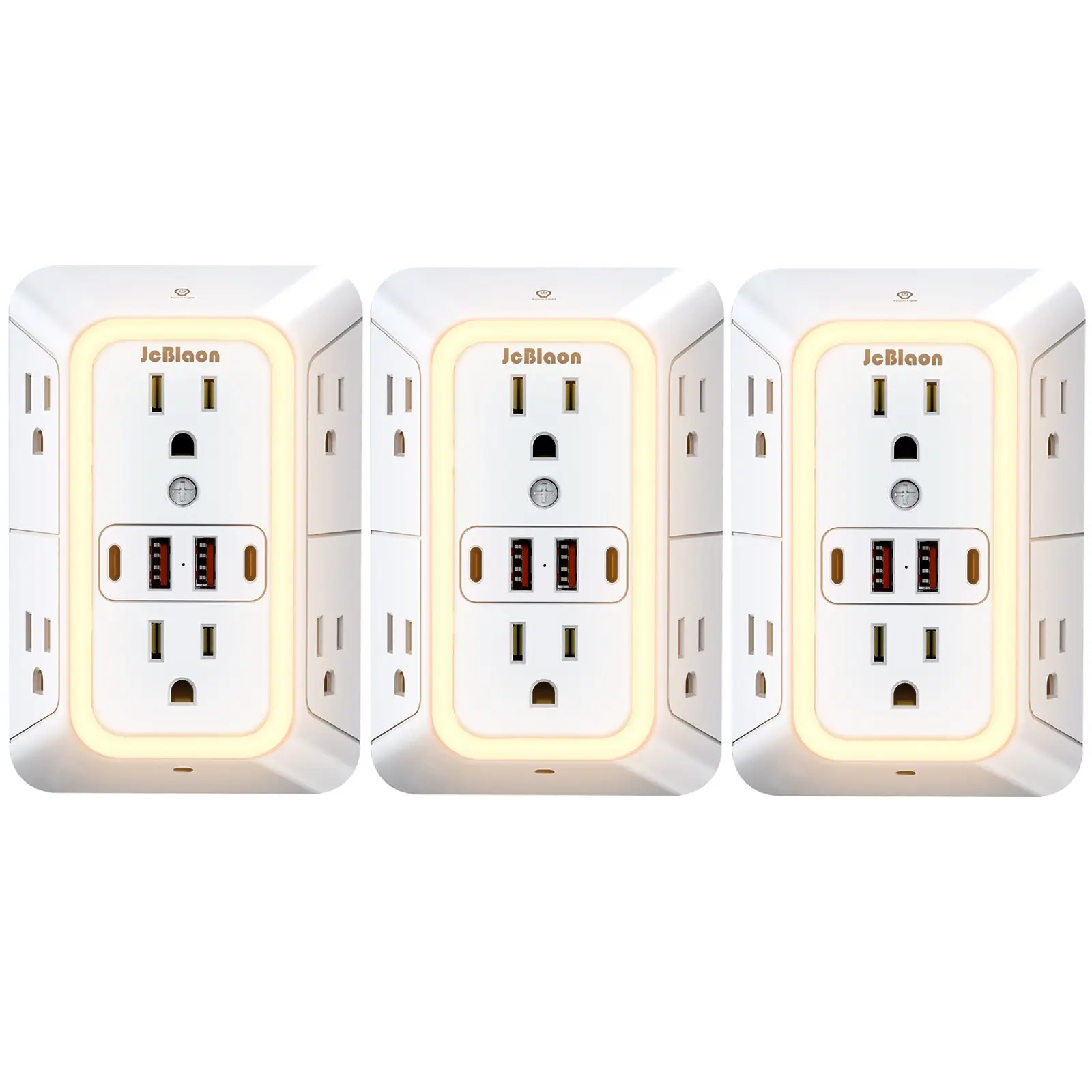 3-Pack Power Strip Surge Protector, Surge Protector Power Strips, with Night Light Outlet, 6 AC Outlets with 4 USB Ports (2 USB-C), 3-Sided Multi-Plug Wall Extender with Spaced Outlets for Home, Travel, Office (White)