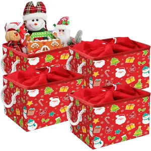 4 count Large Christmas Storage Basket 15 x 10 x 9.5 Inch Foldable Christmas Storage Bins with Handles & Drawstring Lid Xmas Bins  Laundry Organizer for Holiday Bedroom (Cheerful)