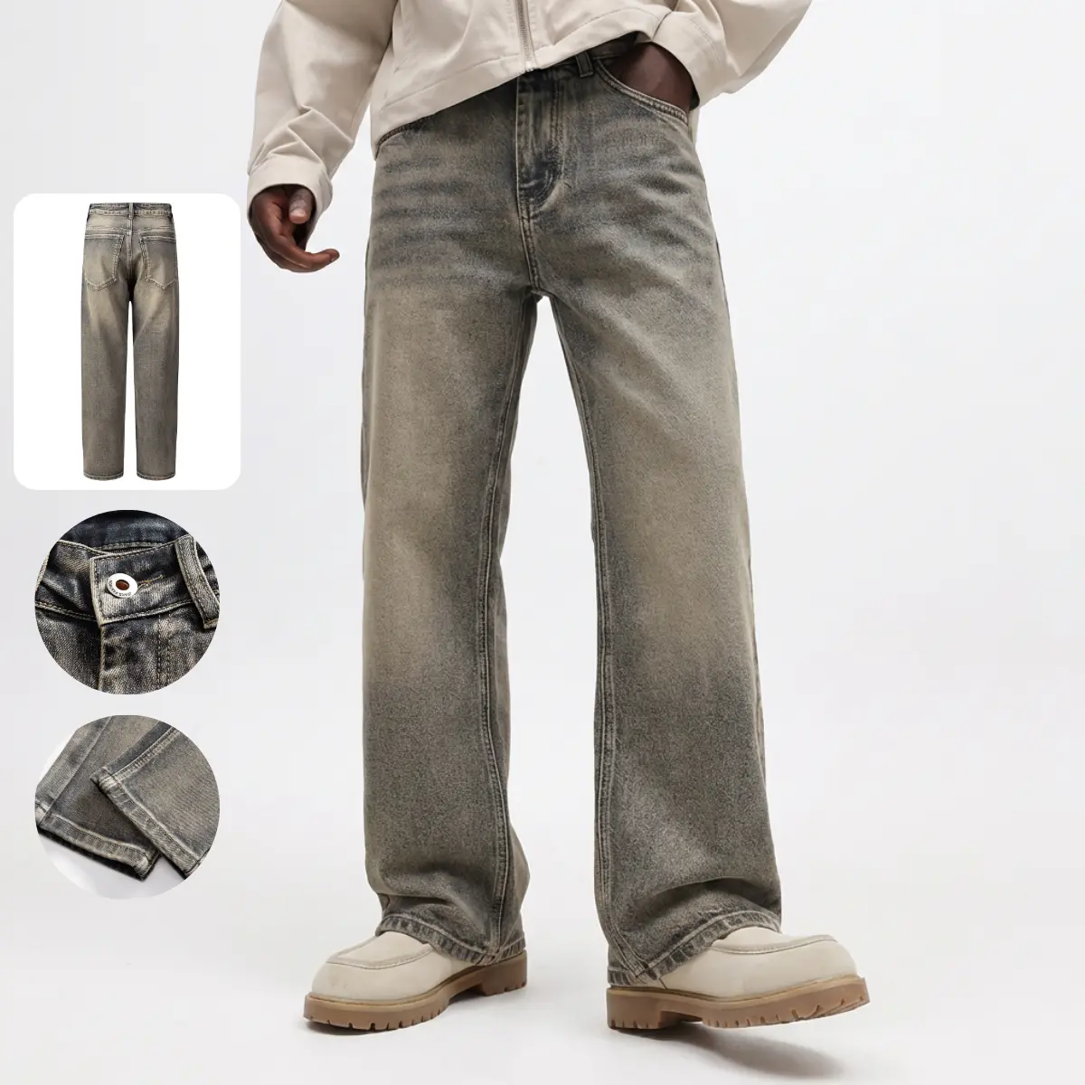 Men's Washed Vintage Mustard Yellow Pocket Straight-Leg Jeans - Classic Menswear, Versatile All-Seasons Casual Trousers