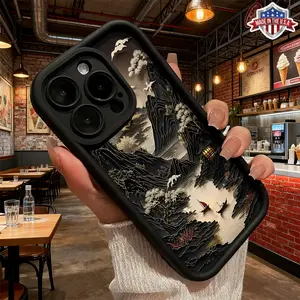Artistic Black Gold Mountain Landscape Crane Pattern Case for iPhone 17 16 15 14 Pro Max 13 12 11 XR XS Plus Air Slim Shockproof Anti Scratch TPU Cover