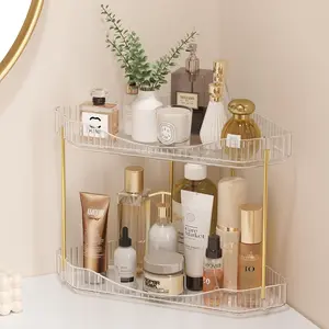 2-Tier Corner Bathroom Counter Organizer, Plastic Makeup Skincare Organizers Storage Countertop, Sink Vanity Trays Perfume,  Shelf in Bedroom, Dresser, Kitchen (Clear)