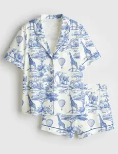 Women’s Blue Chinoiserie Toile de Jouy Safari Elephant & Deer Print Short Sleeve Silk Satin Pajama Set Soft Sleepwear