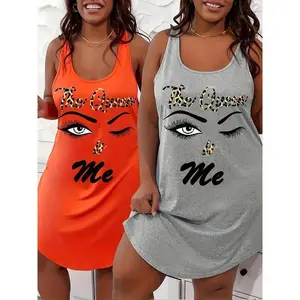 Plus Size 2pcs Womens Summer Two-Pack Women's Vest Style Casual Sleeveless Dress, The Queen Is Me Printed Round Neck Curved Hem Tank Skirt, Summer Cool Home Clothes (Orange & Gray)