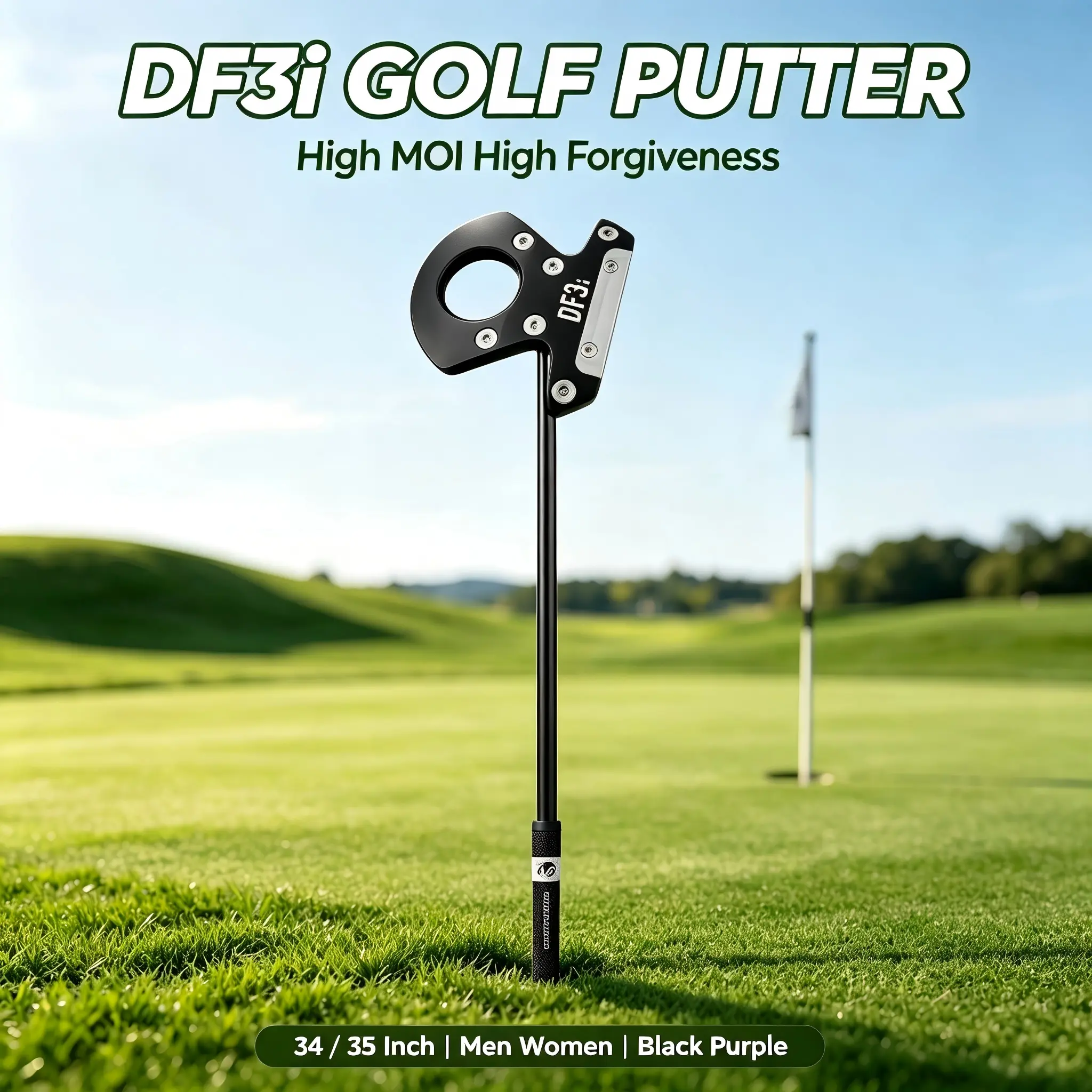 DF3i High MOI Forgiving Mallet Golf Putter - Aluminum Head, Alignment Guide, Low Gravity Stable Roll, Slip-Resistant Grip, 34-35 in, Black/Purple Golf Club for Men & Women