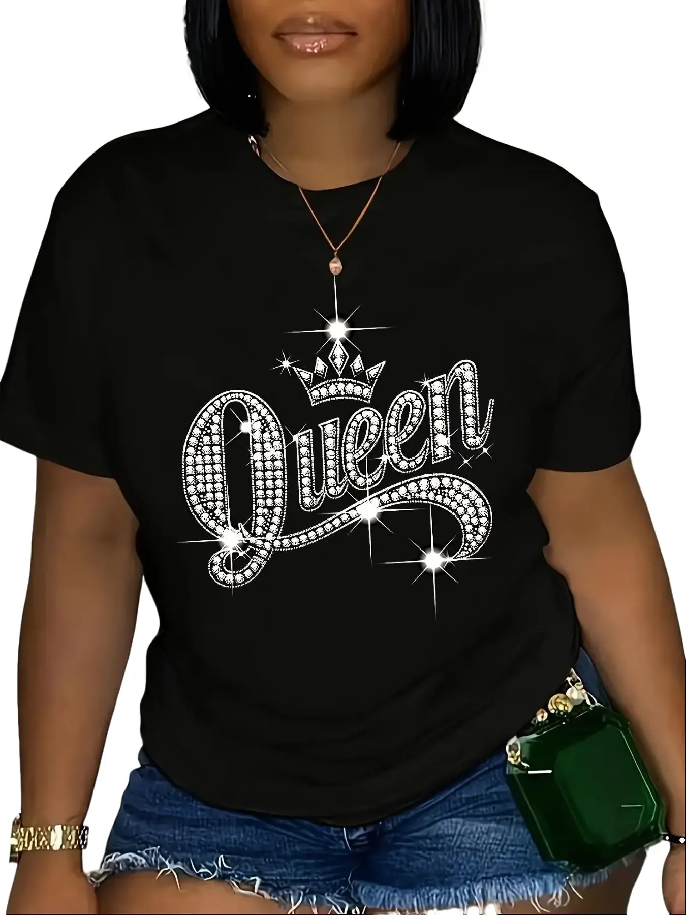 [Queen Print T-Shirt] Women's Queen & Crown Print T-Shirt - Short Sleeve Round Neck Casual Blouse with Queen Portrait & Crown, Spring Summer Casual Attire, Machine Washable Non- Fabric for Themed Parties & Events - Comfortable Casual Top