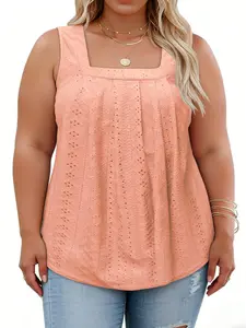Plus-Size-Tank-Tops Summer Cute Sleeveless Loose Fit Pleated Shirts Cozy Lightweight Square Neck Tunics Chic Eyelet Flowy Womens Tees XL-5XL RPS2078 vacation