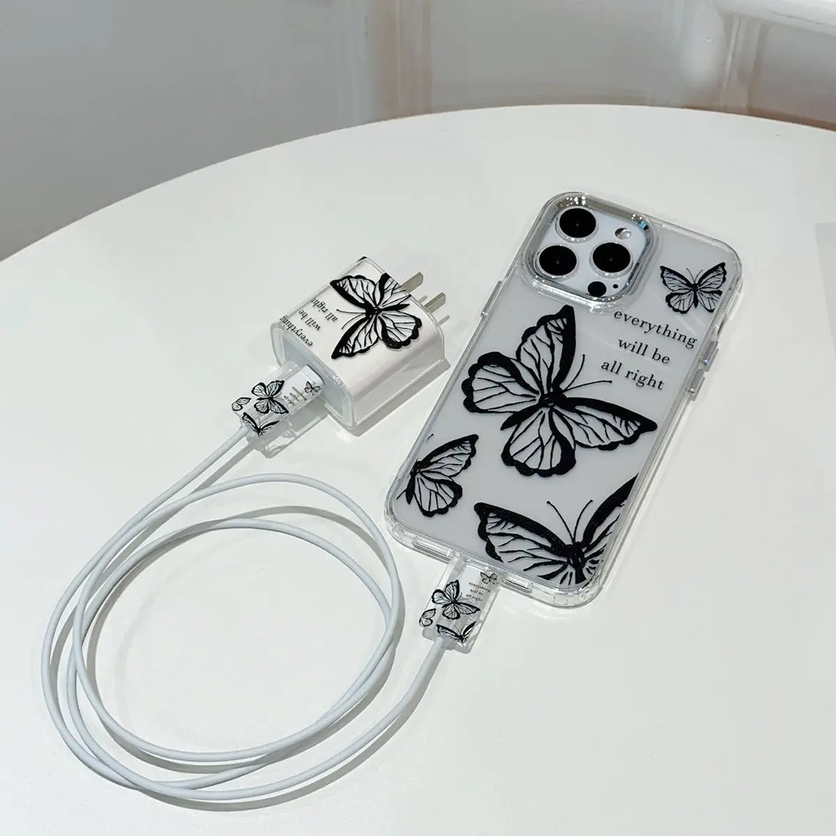 Butterfly Pattern Clear Phone Case & Charger Protector Set, 4 Counts/set Electroplated Anti-drop Phone & Charger Protective Cover, Phone Accessory Com