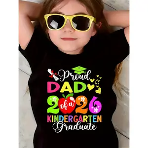SHOWTLY Brand, Girl's T-shirt, Proud Dad 2026 Kindergarten Graduate, Letter Print, Apple, Diploma, Hearts, Pattern Print, Comfortable and Soft, Round Neck, Casual and Fashionable, Suitable for Daily Activities/kids Clothes Girls (3-13Y)