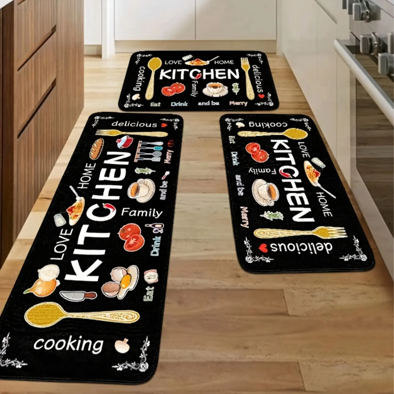 3pcs Kitchen Carpet Set, Egg Beater, Knife And Fork Kitchen Mat Theme, Decorative Carpet, Soft, Easy To Clean, Suitable For Bedrooms, Living And Dining Room, Kitchen, Bathroom, Gifts For Friends And Family, Kitchen Accessories, Father'S Day Gift