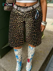 Women's Mid Rise Leopard Print Denim Jorts, Oversized Baggy Knee-Length, Relaxed Fit Vintage 90s Bottoms, Trendy Streetwear