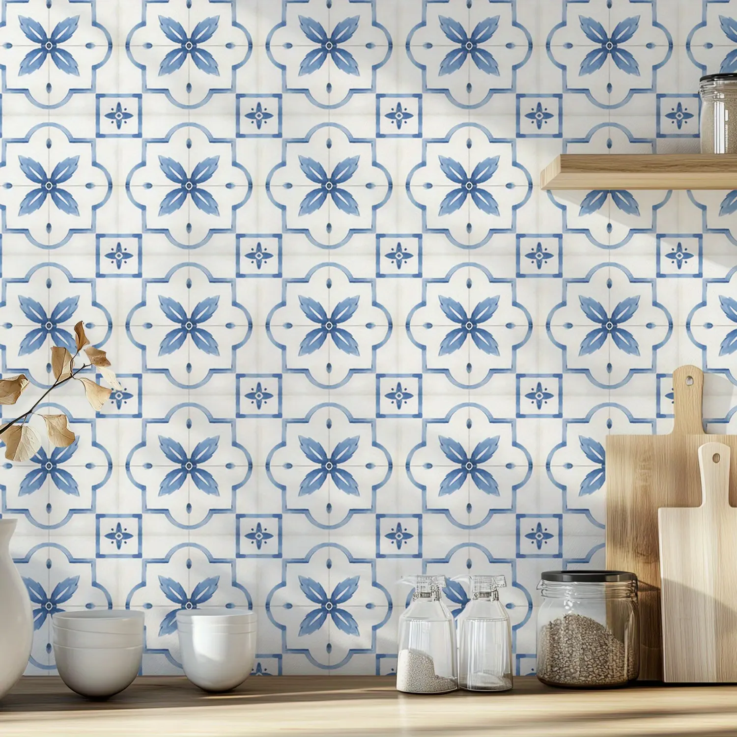 20Pcs Blue Houndstooth Pattern Self-Adhesive Vinyl Wall Stickers 4x4 Inches for Living Room Kitchen Bedroom Decorative Reusable Multi-Surface Installation Classic Flower Ornaments