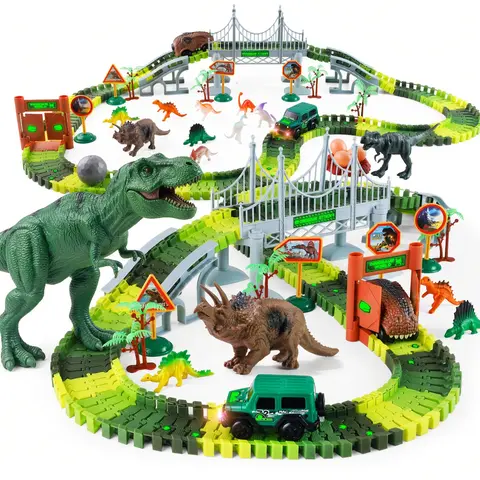 Dinosaur Toys for Kids, 215 Piece Flexible Car Track Set with Battery Operated Cars, Dinosaur Figures, Bridge and Glow in the Dark Stickers, Build Your Own Adventure Playset